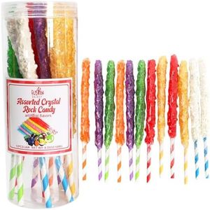 Fusion Select Crystal Rock Candy Sticks - Sweet Hard Sugar Lollipop Snacks with Strong Flavors - 12 Assorted Extra Large, Individually Wrapped Candies - Colored Buffet Treats & Party Favors for Kids
