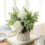 Artificial Flowers with Ceramic Vase Faux Silk Rose Fake Plants in Pots Arrangement Indoor Decorations for Home Wedding Party White