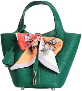 Lafillmiss Leather Handbag (Scarf Detaches) Genuine Leather Bucket Bag for Women,Market Tote Bags with Metal Clasp(Velvet Green-gold)
