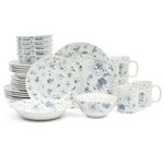 Martha Stewart Empress Bouquet Decorated Porcelain Dinnerware Plates and Bowls Set - Blue Floral, Service for 6 (30pcs)