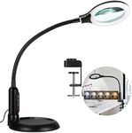 TOMSOO 5X Magnifying Glass with Light and Clamp, 5 Color Modes Stepless Dimmable Lighted Magnifier with Stand, Flexible Gooseneck LED Desk Lamp Hands Free for Craft Reading Painting Hobby Close Work