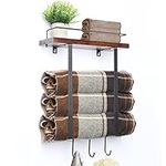 LAMPTOP Towel Racks for Bathroom, Bathroom Wall Mounted Towel Storage Rack, Metal Towel Holder with Wooden Shelf and 3 Hooks, Wall Towel Rack for Rolled Towels