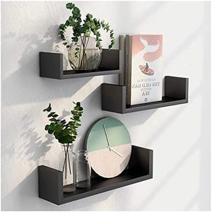 Homme Concept - Floating Shelves Set of 3 - U Shaped Composite Wood Wall Mounted Display Ledges for Bedroom, Living Room, Bathroom, Kitchen, and Office (Black)