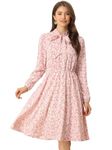 Allegra K Women's Tie Neck Chiffon Long Sleeves Vintage Floral Print Belted Dress Pinks L