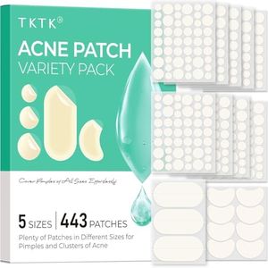 TKTK 443 Count Pimple Patches for Face, Hydrocolloid Acne Patch Bulk, Acne Stickers for Covering Cheeks, Forehead, Chin Blemishes, Zit Cover Patches for All Skin Types (Dots, Strip, Contoured 5 Sizes)