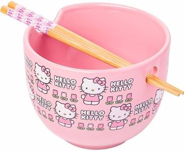 Silver Buffalo Sanrio Hello Kitty Flowers Pattern Ceramic Ramen Noodle Rice Bowl with Chopsticks, Microwave Safe, 20 Ounces