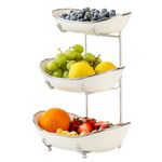 HOMKULA Fruit Bowl for Kitchen Counter - 3 Tier Ceramic Serving Bowls with Metal Stand, Tiered Fruit Basket for Fruit Vegetable Storage, Snack, Nuts, Cake, Dessert, Small & Cute (Silver-rimmed)