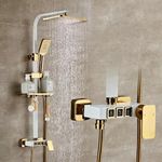 B Backline Luxury Shower Panel 3 in 1 Wall Mixer Single Lever Shower Panel, + Hand shower + overhead Square Shower (White Gold 3)