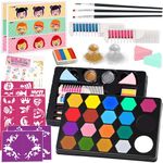 TEUVO Face Painting Kit for Kids, 19 Colors Halloween Face Paint Kit Professional Safe Water Based Halloween Makeup Kit Instruction Teaching with 35 Stencils & Brushes,Glitters,Hair Dye Clips,Rainbow