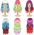 Kurtzy 3 Pack Long Multi Coloured Wavy Synthetic Wigs - 68cm / 26.77 Inches - Curly Rainbow Hair with Air Bangs & Elastic Head Band - Cosplay Costume & Halloween Party Wig For Woman & Girls