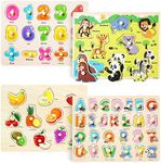 GRINNNIE Wooden Peg Puzzle for Toddlers 2 3 4 Years Old, 4 PCS Montessori Educational Learning Puzzles Set-Numbers, Letters, Animals and Fruits, Great Preschool Gifts for Girls and Boys