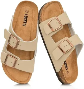 LUCKYLI Kids Sandals for Boys Girls Cork Footbed Slide Sandals with Adjustable Straps Non-slip Summer Slippers for Indoor Outdoor (Little/Big Kids) (1 Little Kid, Beige)