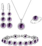 LMXXVJ Purple Cubic Zirconia Jewelry Set For Women,Created Purple Amethyst Necklace Adjustable Ring Earrings Tennis Bracelet Costume Jewelry Set Fashion Gifts for Mom/Wife/Best Friend,Silver-Tone