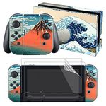 eXtremeRate The Great Wave Decals Stickers Full Set Faceplate Skin +2Pcs Screen Protector for Nintendo Switch Console & joy con Controller & Dock Protection Kit