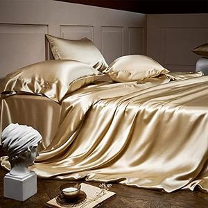 Orose 4Pcs 25 Momme Charmeuse Silk Flat Sheet Set 100% Mulberry Seamless Silk Bedding Sheets Top Bottom Sheet (Soft Yellow, Queen)