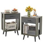 GYIIYUO Nightstands Set of 2 with Fabric Storage Drawer and Open Wood Shelf, Side Table with Storage for Bedroom, Bedside Tables - Grey