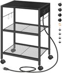 HOOBRO Industrial Printer Stand, 3-Tier Mobile Printer Table, Rolling Cart with Power Outlets and USB Ports, Home Printer Stand with 2 Hooks, for Office, Living Room, Black BB22UPS01