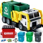 JOYIN PlayAct 16" Large Garbage Truck Toy, Friction Powered Waste Management Garbage Truck with Lights and Sounds, with Front Load Dumpster, 3 Side Trash Bins with 30 pcs Trash Cards