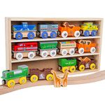 Orbrium Toys 12 (18 Pcs) Wooden Engines & Train Cars Collection with Animals, Farm Safari Zoo Wooden Animal Train Cars, Circus Wooden Train Compatible Thomas The Tank Engine, Brio, Chuggington