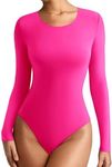 REORIA Womens Long Sleeve Bodysuits Fall Fashion Clothes 2024 Basic Round Neck Lightweight Double Lined Layering Undershirt Slim Body Suit Tops (Neon Rose Red XX-Large)