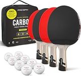 PRO SPIN Ping Pong Paddle Set - Premium Table Tennis Rackets with Carbon Fibre & 3-Star Ping Pong Balls - Professional Level Rubber, 2mm Sponge, 7-Ply Blade - Table Tennis Paddles (Red, 4-Player Set)