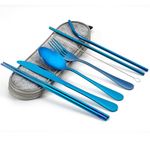 Travel Cutlery Set, Reusable Stainless Steel Utensils Set with Case, Portable Camping Cutlery Set for Lunch Box, 8-Piece Flatware Set Including Fork Spoon Chopsticks Cleaning Brush Straws (Blue)