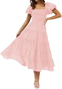 ZESICA Women's 2024 Summer Square Neck Short Puff Sleeve Solid Color High Waist Casual Smocked Flowy A Line Tiered Midi Dress, Pink, Medium