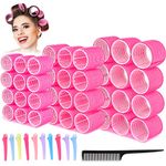 Hair Rollers for Long Hair, 47Pcs Jumbo Large Velcro Rollers Hair Curlers for Long Medium Short Hair Self Grip No Heat 3 Size with Clips Comb Rose Red