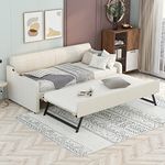 Bellemave Twin Daybed with Pop-up Trundle Upholstery Day Bed Frame with USB Charging Ports Modern Sofa Beds with Adjustable Trundle Beds for Living Room Bedroom Guest Room, Twin Size, Beige
