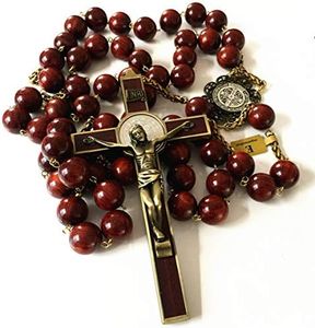 elegantmedical Large 20mm Red Rosewood Wood Beads Wall Rosary St. Benedict Crucifix Wooded Cross Catholic Gifts