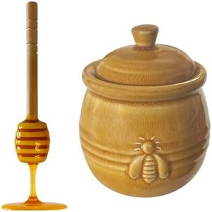 Fox Run Ceramic Honey Jar and Dipper, 10 Ounce Bee Themed Honey Pot and Wooden Honey Dipper Stick