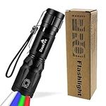 4 in 1 LED Torch Super Bright 900 Lumen Red & Green Light Blue Light Multifunctional Handheld Flashlight Adjustable Focus Waterproof Pocket Torch for Camping Outdoor