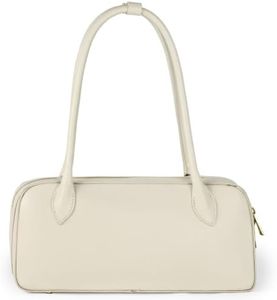 Italian Genuine Calf Leather Bag for Women with Top Handles and Zippered Top | Rectangular Shoulder Boston Purse (Beige)