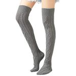 Leg Warmers, Cable Knit Long Boot Socks Winter Crochet Thigh High Stockings for Women, Grey