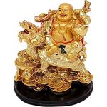 GJ Feng Shui Laughing Buddha with Dragon Tortoise on Bed of Wealth - Golden (14 CM)