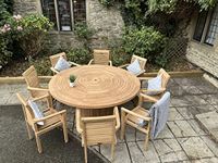 teak garden furniture round table lazy susan 8 stacking chairs