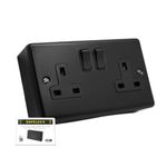 SH|P® Matt Black Round Edge Range 13A Metal Double Socket with 29mm Bakelite Surface Mount Back Box Electrical Wall Plug Socket- Modern Design, Easy Installation (2 Gang Socket + Back Box)