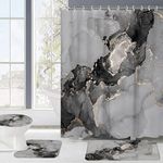 4Pcs Gray Marble Shower Curtain Set, Abstract Greyish Marble with Gold Veins Modern Bathroom Curtain with Non-Slip Rugs,Toilet Lid Cover and Accessories Hooks (Grey), 180 x 180 cm