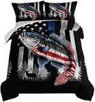 HOSIMA Soft Microfiber Black Full Size Comforter with 2 Pillowcases,American Flag Striped Bass Pattern Bedding Sets,Fishing Comforter Kids Men Boys Room Decor,Bed in a Bag Full Size for Teens.