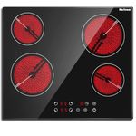 Ceramic Hob, Karinear 60cm Built-in 4 Zones Electric Hob with Touch Control 6000W, Hard Wired, No Plug Included