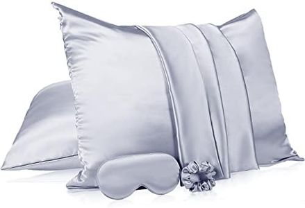 2 Pack Satin Pillowcase with Latent Zipper, Adjustable Satin Eye Mask for Sleeping and Satin Volume Scrunchie for Hair and Skin, Standard Size (Silver,Classic Style)