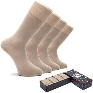 Hugh Ugoli Men's Rayon Dress Socks for Business & Trouser, Thin & Seamless Crew Socks, 4 Pairs with Gift Box, Dark Beige, Shoe Size: 8-12