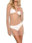 Women's Sexy Sheer Mesh Pearls Beaded Cami Cover Up Dress Pearl Rhinestone Long Sleeve Cover Up Hollow Out Midi Dress (H-Flesh Tint, S)