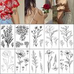 Esland Realistic Line Art Flowers Temporary Tattoos 10 Pieces Small Removable Botanical Leaf Tattoo Stickers for Women