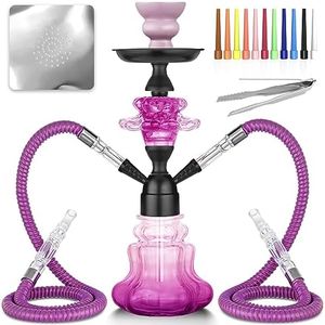 Hookah Set With Everything 14'' Shisha Hookah Complete Set - Glass Flower Vase, Ledther Hose, Foils, Hookah Tips, Ceramic Bowl, Coal Tong (Purple)