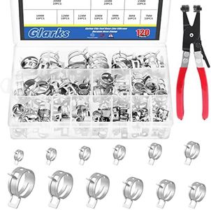 Glarks 121Pcs 12 Sizes 7-22mm Spring Band Type Clips Fuel Silicone Vacuum Hose Pipe Clamp Low Pressure Air Clip Clamp Fasteners Assortment Kit with 1Pc Swivel Flat Band Hose Clamp Pliers