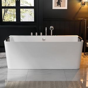Empava 67-Inch Freestanding Whirlpool Bathtub Rectangular with 8 Hydromassage Water Jets Luxury Acrylic Massage SPA Soaking Bath Tub Double Ended