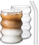 KiKiluxxa Ribbed Glass Cups with Straw -Pack of 2 - Vintage Drinking Glassware with Wave Shape Design, Bubble Cups for Iced Coffee, Juice, Beverage, Milk, Cocktails, Bubble Tea (SVilost Can 2)