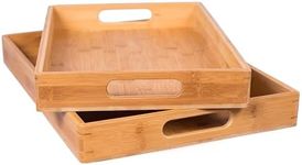 BIRDROCK HOME 2pc Bamboo Serving Trays Set with Handles | Natural Bamboo Wood | Nesting Breakfast Tray & Party Platter | Easy Carry for Kitchen, Dining, and Outdoor Picnics | Large & Small Sizes