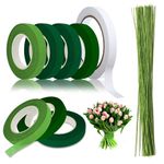 QINGHEC 4 Rolls Green Florist Tape and Wire,13mm Floral Stem Wrap Tape,Flower Bouquet Tape with 50 Pcs 22 Gauge Green Florist Wire Stems and Double Sided Tape for Bouquet Stem Wrapping-30 Yard/Roll